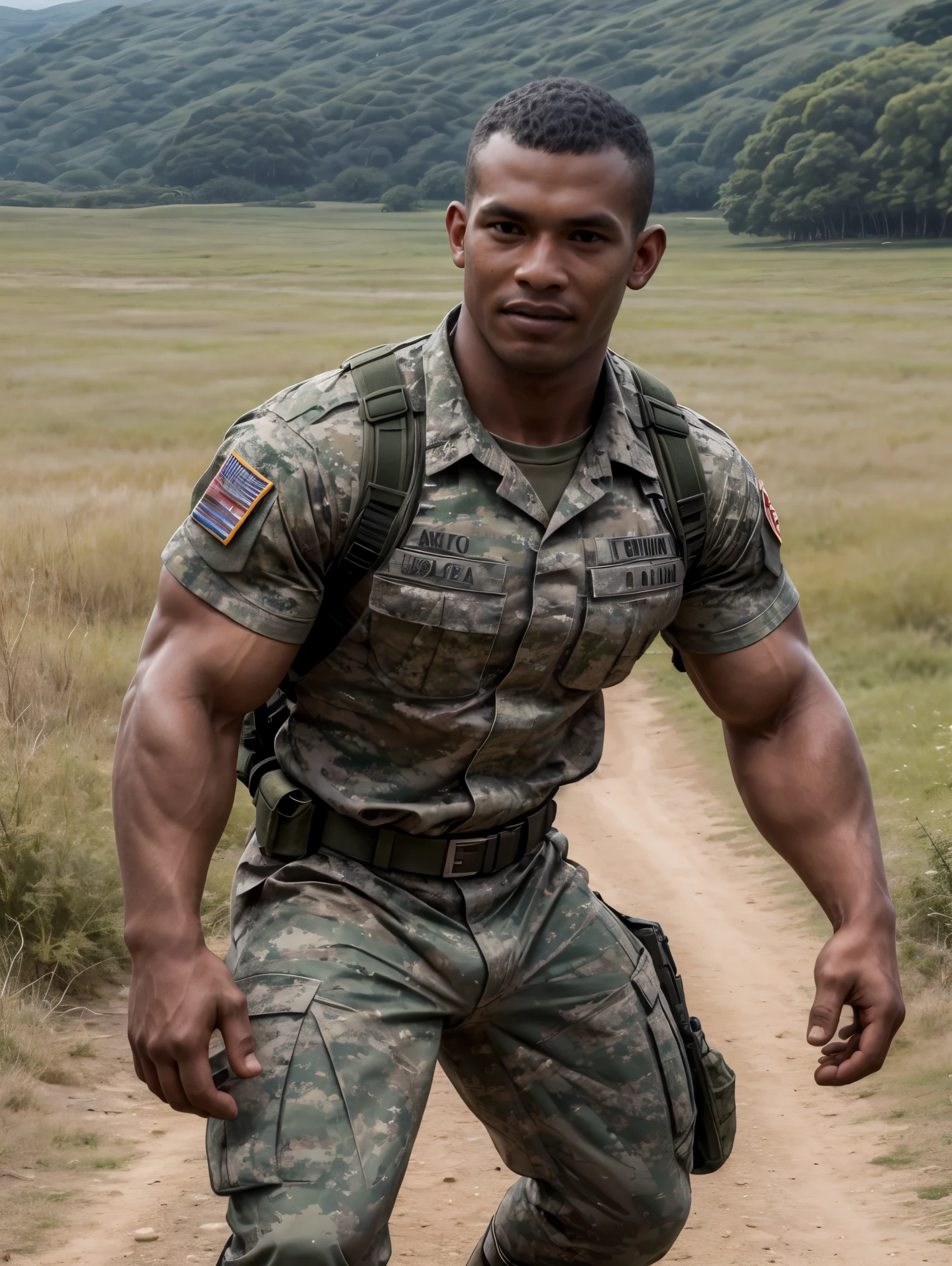 ultra realistic, unreal engine 5, anatomically correct, detailed eyes, detailed face, black eyes, male focus, solo, wadosanusi, very dark skin, dark-skinned male, muscular, bara, soldier, military, uniform, ((camouflage shirt)), smirk, fighting stance, clenched hands, field, upper body,