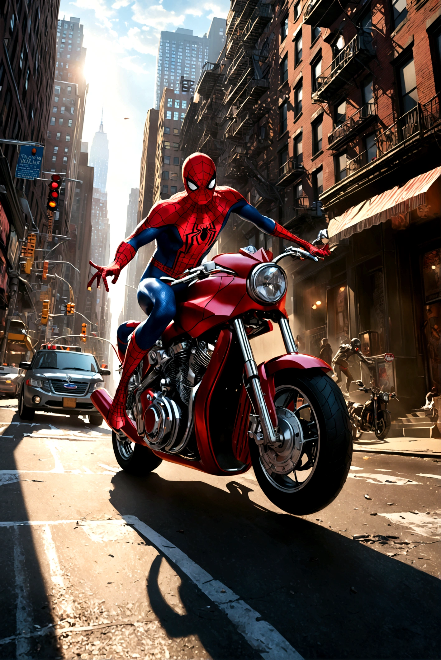 a detailed photo of spider-man riding a spider-man themed motorcycle on the streets of new york city, dynamic action pose, dramatic lighting, cinematic angle, highly detailed, intricate mechanical details, realistic rendering, digital art, concept art (Spiderwebs spell 'Spider Man' across the top of the picture in comic book style)