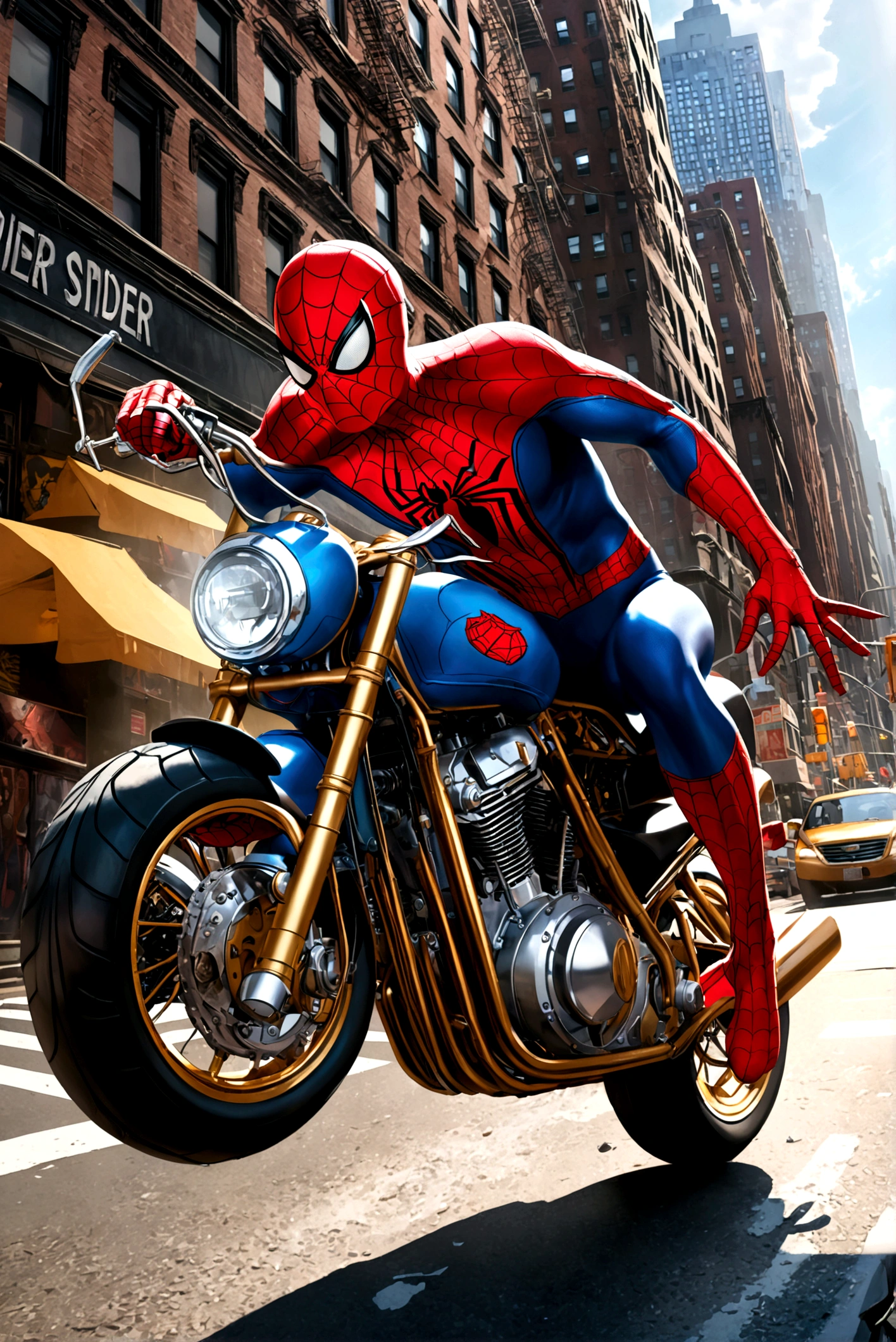 a detailed photo of spider-man riding a spider-man themed motorcycle on the streets of new york city, dynamic action pose, dramatic lighting, cinematic angle, highly detailed, intricate mechanical details, realistic rendering, digital art, concept art (Spiderwebs spell 'Spider Man' across the top of the picture in comic book style)
