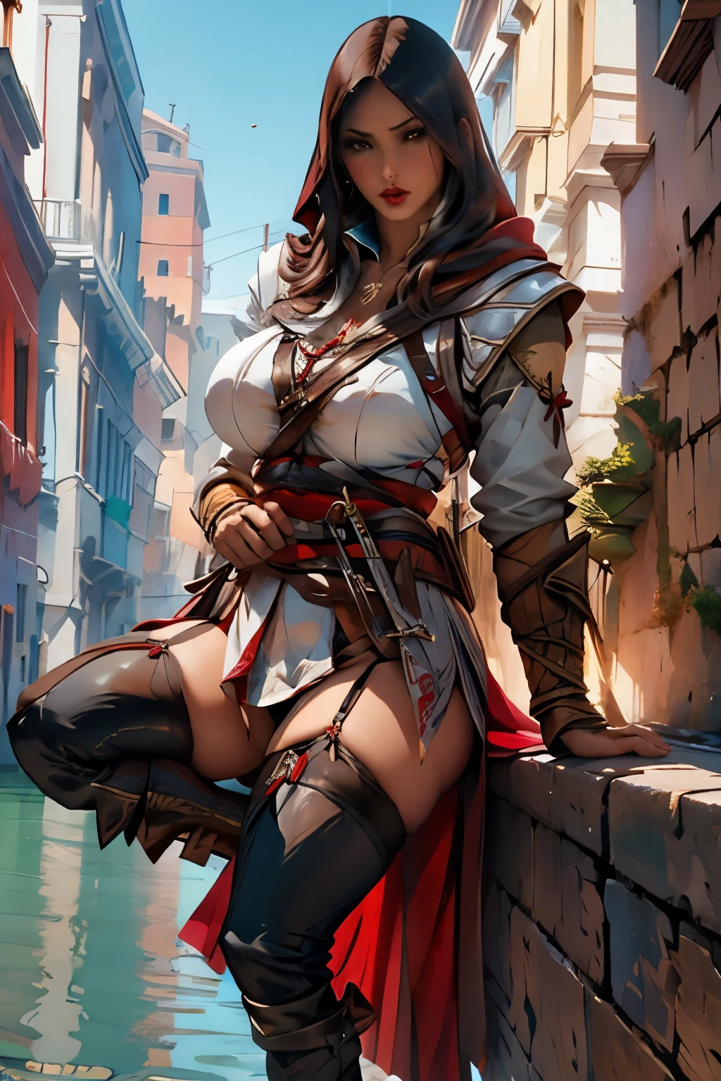 The woman, poca Clothes, Clothes, knee high boots, Bracelets on the legs, socks, stockings, Venice in the background, Venice, evening, night, Renaissance,renaissance, Very detailed, Realistic long-term photography., 4k, wide, brown hair, by the chestnut, Red lips,((hood, hood)), bracelet, sexy,red lips, brown eyes, big breasts, big breasts, Lucia Auditore