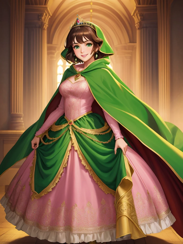 masterpiece, best quality:1.2), 1girl, smile, looking at viewer, green eyes, short brown hair, princess, princess dress, wearing puffy pink ballgown reaching the floor, green cloak cape, golden tiara with veil, standing in ballroom of medieval castle