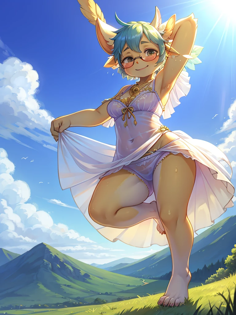 Hallucination , ugly geek Sow , (butterface) , relaxed Fluttering white thin dress , Dancing on the top of hill , halation , Strong sunlight , The fabric is see-through, so your skin is visible , Clothing erotica , (labia:0.4) , Divine Light , moist