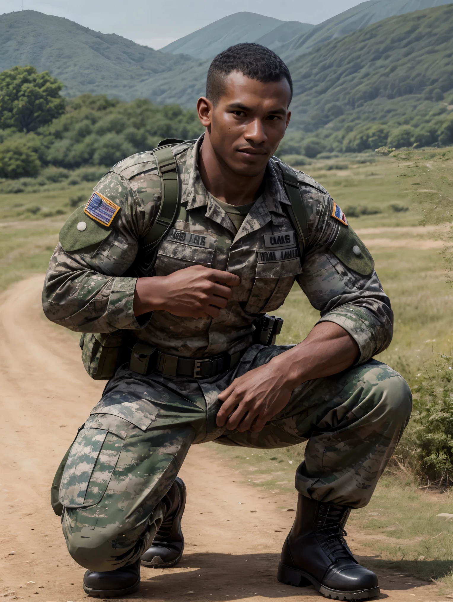 ultra realistic, unreal engine 5, anatomically correct, detailed eyes, detailed face, black eyes, male focus, solo, wadosanusi, very dark skin, dark-skinned male, muscular, bara, soldier, military, uniform, ((camouflage shirt)), smirk, fighting stance, clenched hands, field, upper body,