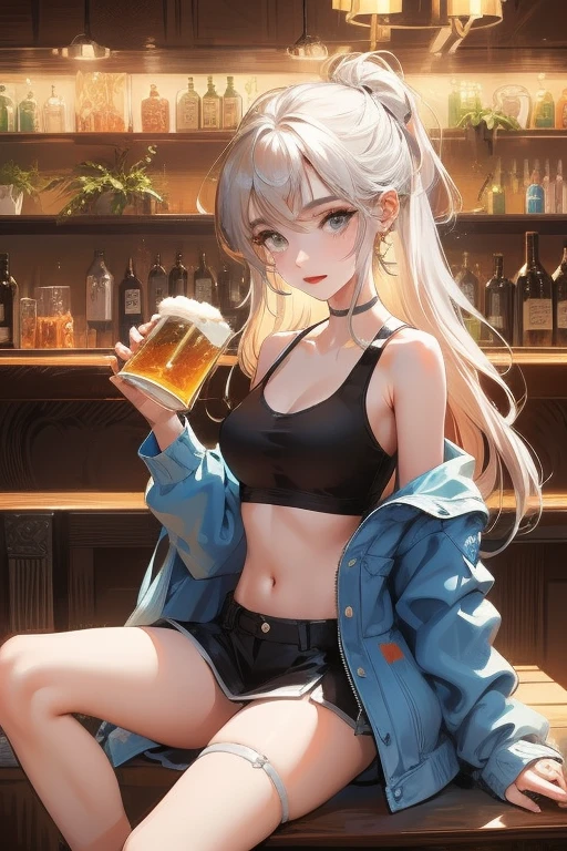 create an anime girl in a black miniskirt with white underwear 26 years old sitting on a bench wearing a low-cut blouse, white woman in tank tops and holding a jar of beer in a luxurious bar landscape