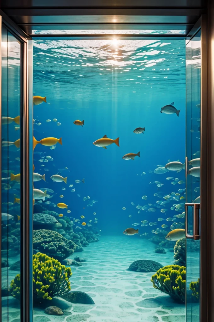 Elevator entering water with people and fish inside