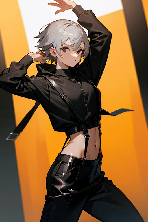 (man),short gray hair,black eyes,
,Black cropped long sleeve hooded shirt,
,With leather suspenders,black leather pants,dance,stage,