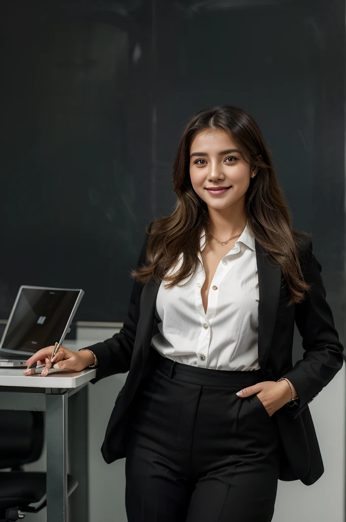 Draw a picture of Ms. Lyna, character representing the EQVN brand. Lyna is a beautiful and young woman, 27 years old, with modern and professional appearance. She has a fashion style that keeps up with trends, often appears confident and friendly. In this image, Lyna is standing in a bright and modern office setting, Wear fashionable office attire. She is smiling, creates a feeling of closeness and enthusiasm. On her desk there is a laptop and some marketing materials, demonstrating her professionalism and dynamism in the field of marketing