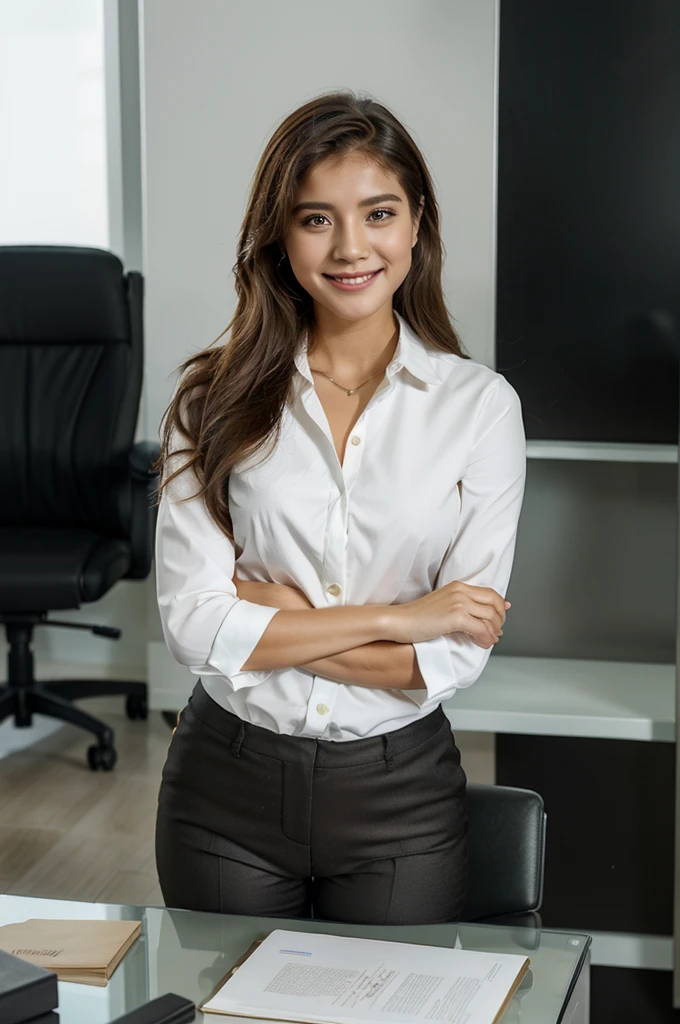 Draw a picture of Ms. Lyna, character representing the EQVN brand. Lyna is a beautiful and young woman, 27 years old, with modern and professional appearance. She has a fashion style that keeps up with trends, often appears confident and friendly. In this image, Lyna is standing in a bright and modern office setting, Wear fashionable office attire. She is smiling, creates a feeling of closeness and enthusiasm. On her desk there is a laptop and some marketing materials, demonstrating her professionalism and dynamism in the field of marketing