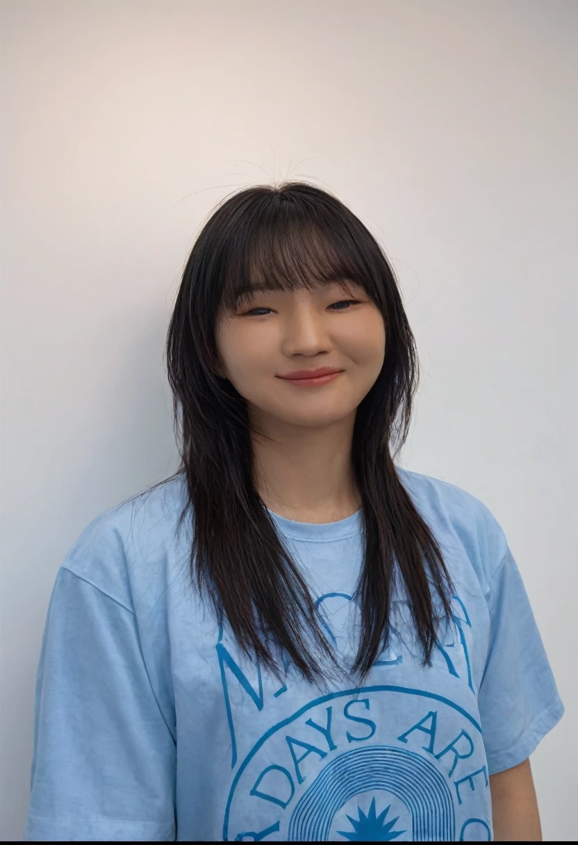 Best Quality, 8k, Masterpiece, (Portrait: 1.3), (photo realistic:1.4), (hyper realistic:1.4), Sharp Focus, looking at viewer, (smoother lighting:1.1), (increase cinematic lighting quality:0.9), realistic lighting, backlighting, light on face, ray trace, (brightening light:1.2), (Increase quality:1.4), sharp detail, (best quality real texture skin:1.4), finely detailed eyes, black_eyes, finely detailed face, 25 year old Korean woman, (blue t-shirt:1.4), (Create an image maintaining the original base model hairstyle:1.5)