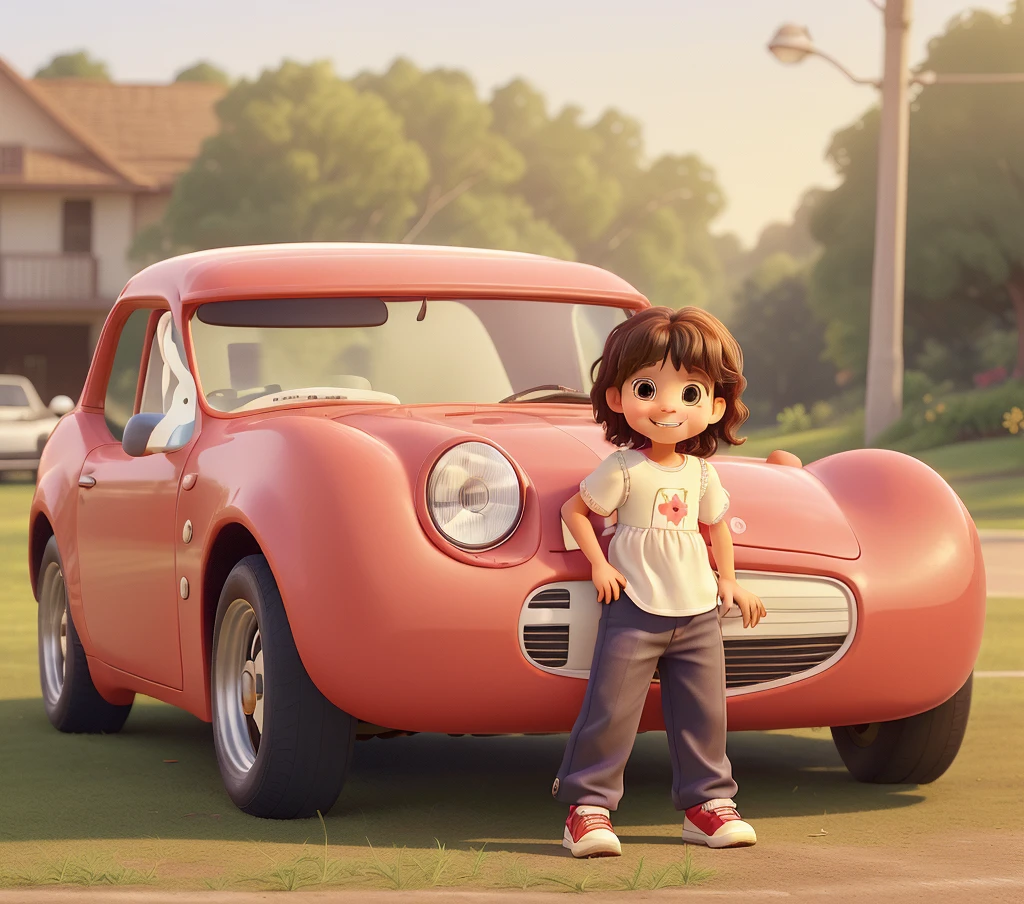 a little 4-year-old woman with a beautiful smile, shoulder-length dark wavy hair, loose pants and white tennis shoes, a white half-length sleeved blouse, leaning on a small classic red sports car with large headlights on the hood.