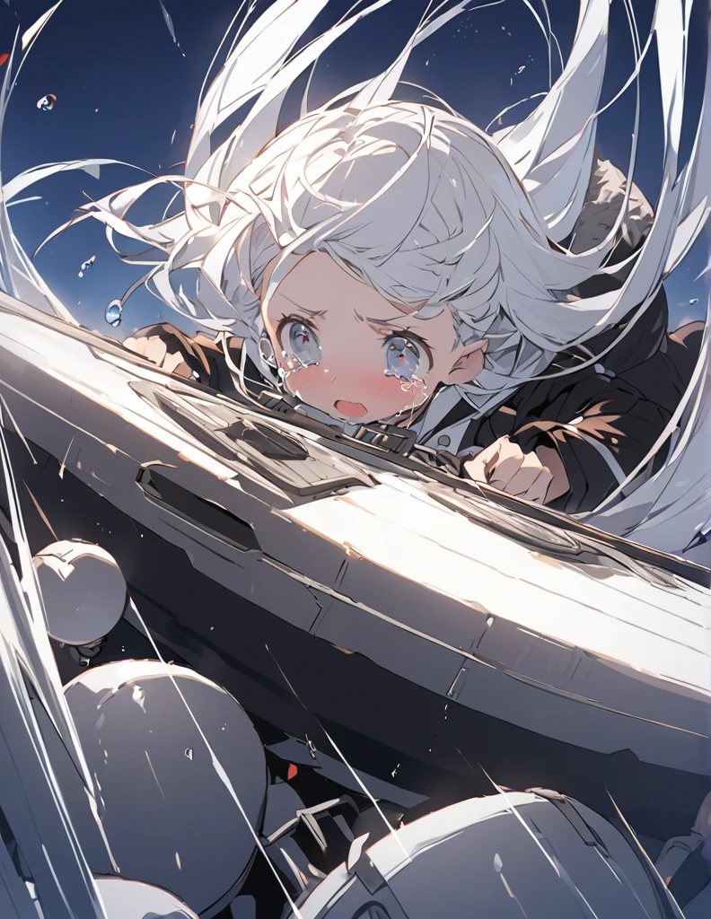A white-haired girl crying in the cockpit of a giant weapon