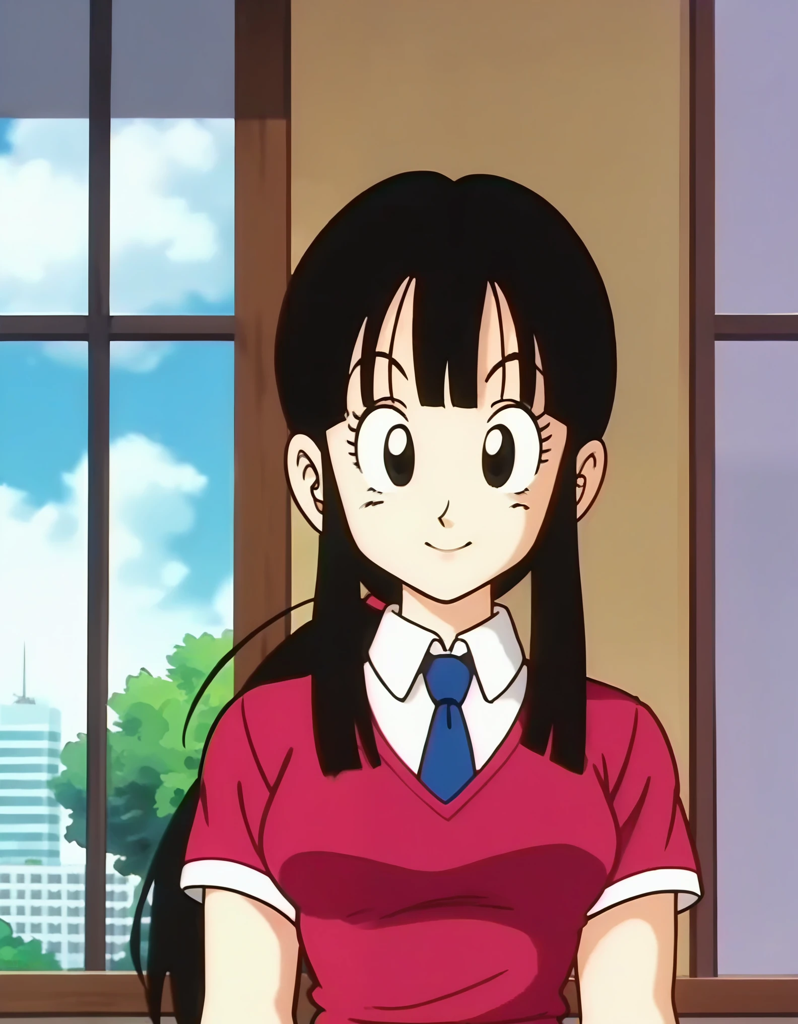 source_anime, score_9, score_8_up, score_7_up, anime screencap,8k, absurdres,
chi-chi, aged down, female , 1girl, solo, long hair, blunt bangs, smile, black hair, black eyes,
white collared shirt, necktie, city, dappled sunlight, short sleeves,