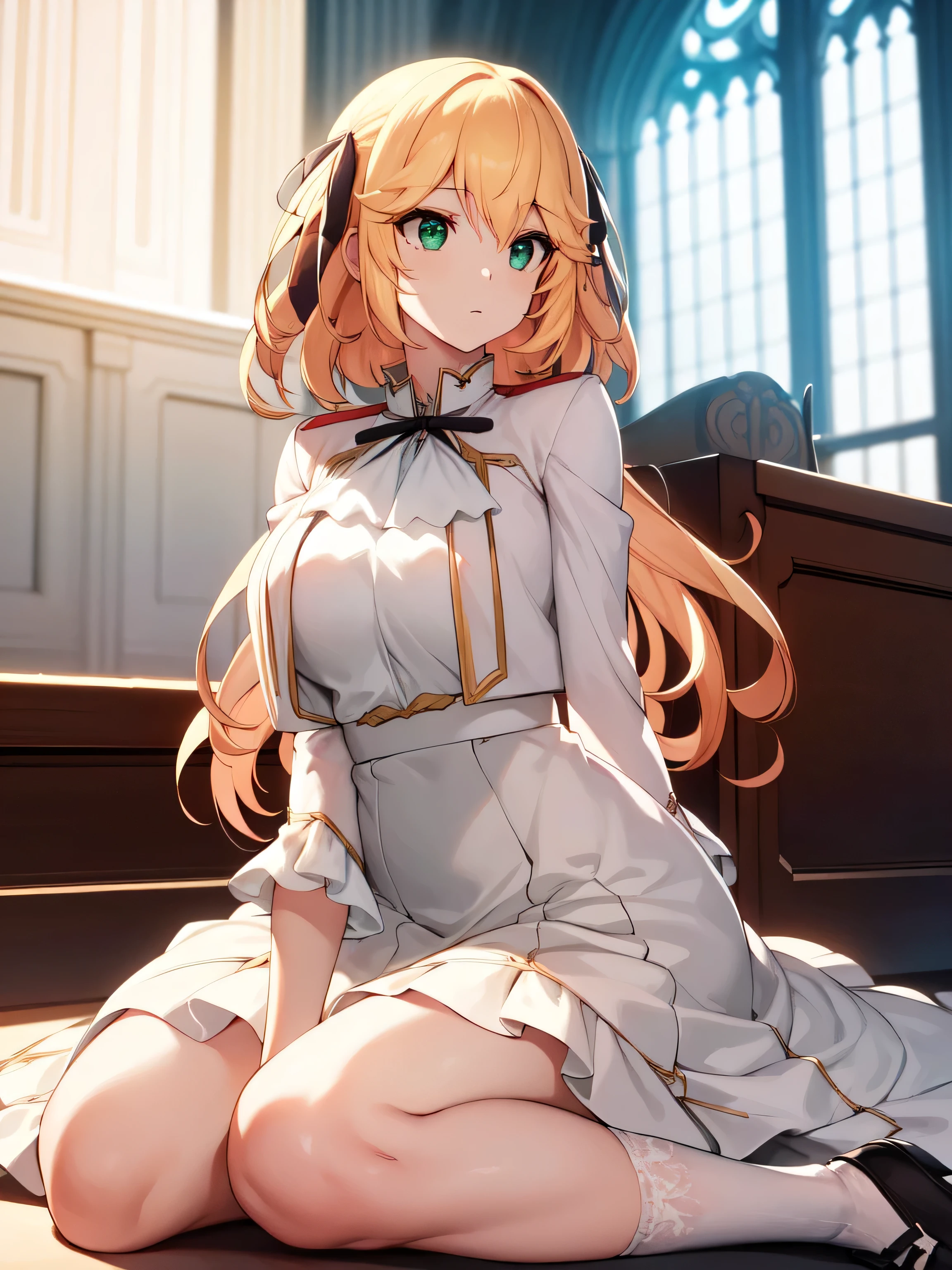 A girl，Long hair, bangs, Blonde hair, Hair between the eyes, s eyes:（1.5),  (Large :1.2), 
rest clavicle, Wedding dress，Veil，wedding，White Dress，Flowers，The skirt is broken，White socks，Tights，White knee socks，
Looking at the audience, whole body,
indoors, church，permanent，permanent，
rest (masterpiece:1.2), best quality, high resolution, Unity 8K wallpaper, (illustration:0.8), (Beautiful and delicate eyes:1.6), Extremely detailed face, Perfect lighting, Extremely detailed CG, (Perfect hands, Perfect anatomical structure),