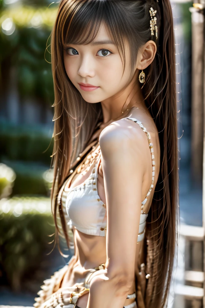 A photorealistic portrait of a 23-year-old Japanese woman with long, flowing brown hair and striking blue eyes. It should have a natural and accessible expression and be illuminated by the soft sunlight. The background should be a Japanese outdoor setting, perhaps a park or a sunny city. Capture this image with high-resolution photography using an 85mm lens for a flattering perspective.