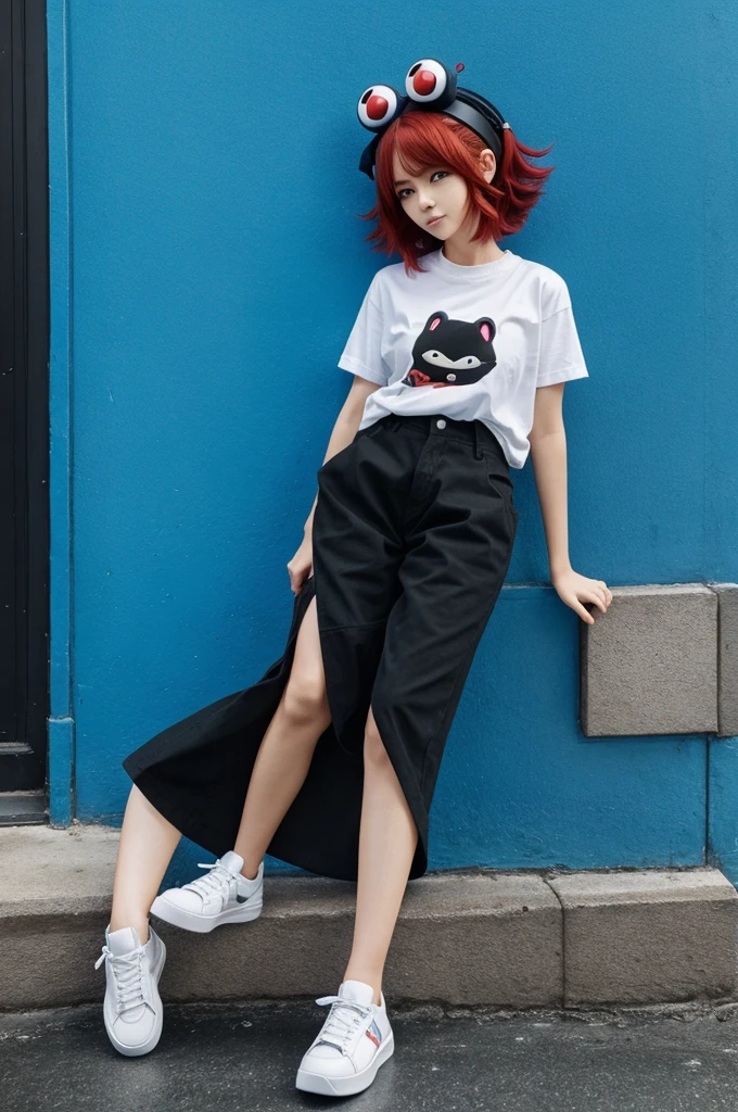 female anime character, hair like red, black t-shirt in the middle of blue, black pantaloon, White shoes, a frog on the head,