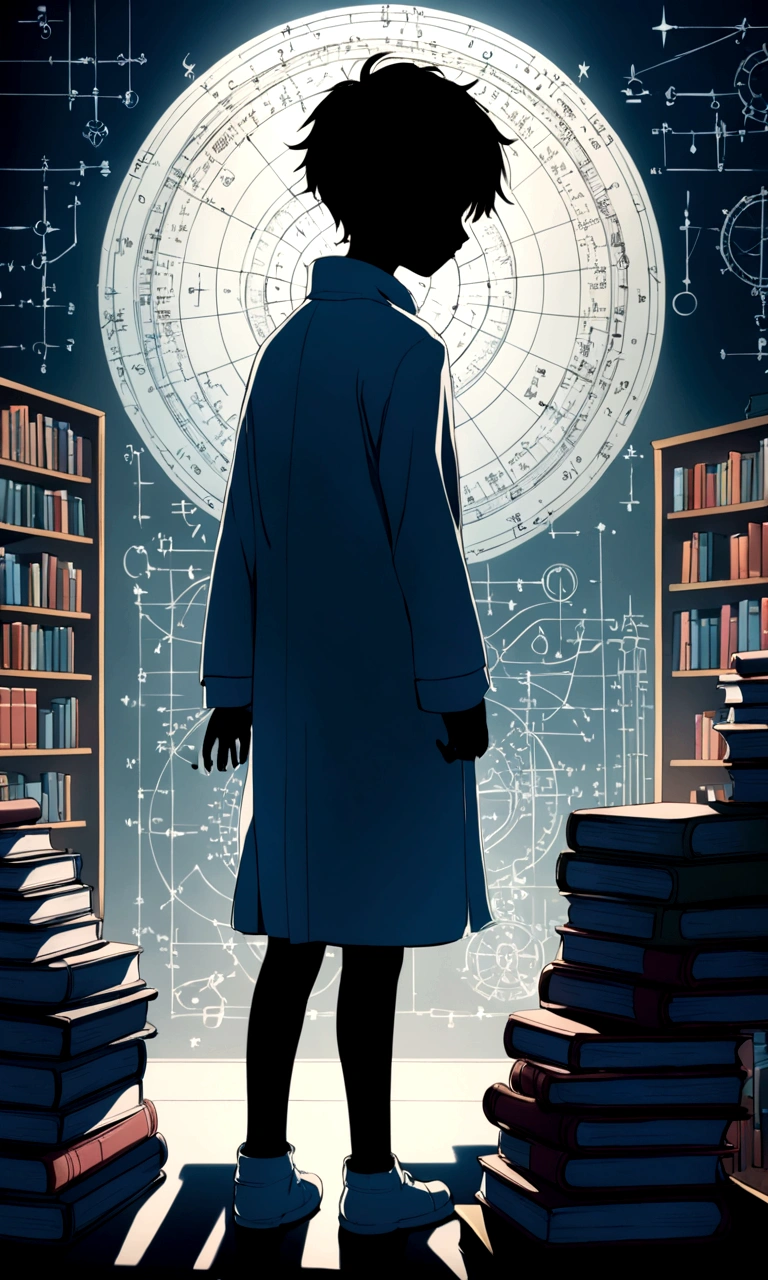 A anime style image where a silhouette of a boy is visible with blue and silver background and some books, pencil, equation and engineering equipment are visible in background. 