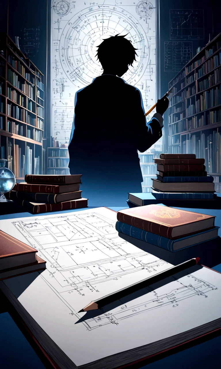 A anime style image where a silhouette of a boy is visible with blue and silver background and some books, pencil, equation and engineering equipment are visible in background.