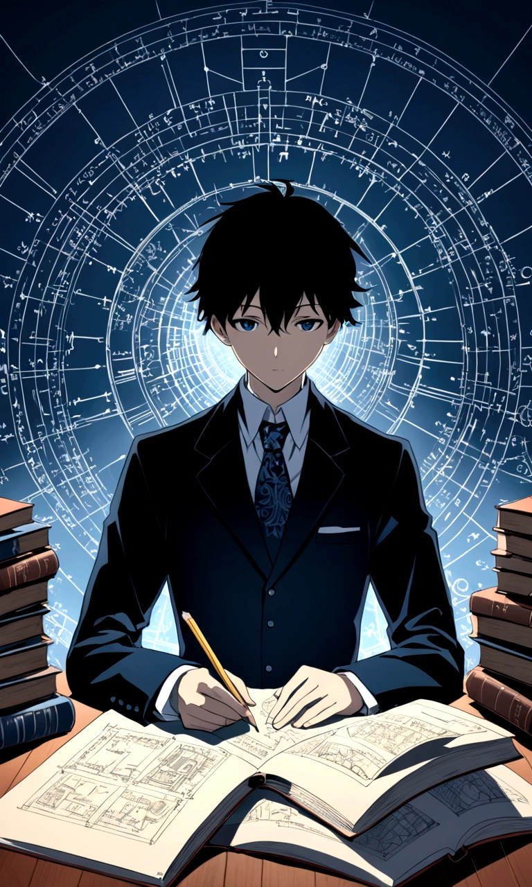 A anime style image where a silhouette of a boy is visible with blue and silver background and some books, pencil, equation and engineering equipment are visible in background.