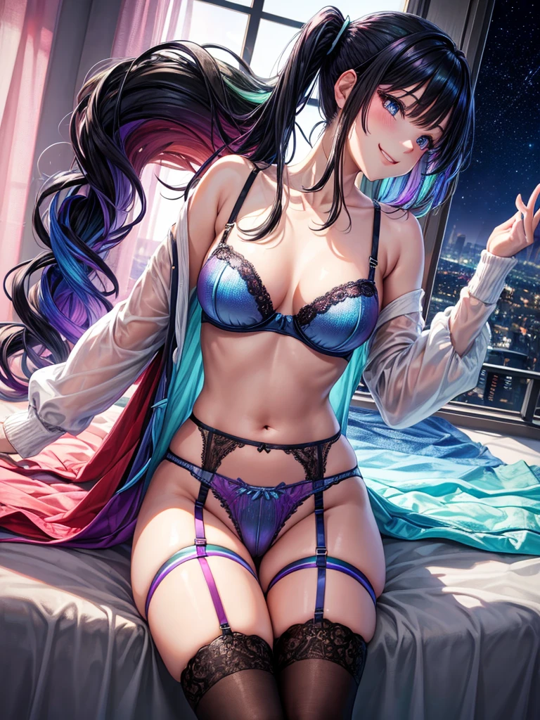Highest quality,Highest Resolution,4K quality,Underwear looking at city night view outside large window in modern bedroom((Rainbow Gradient色))のsmileの1Profile of a woman,((Black hair ponytail)),Dark room,Rainbow Gradientセクシーランジェリー,Many water drops on the window,garter belt,High leg,((Iridescent underwear))Knee-high stockings,smile,Landscape,Colorful eyeballs,Small bra{((Underwear color))Rainbow Gradient,