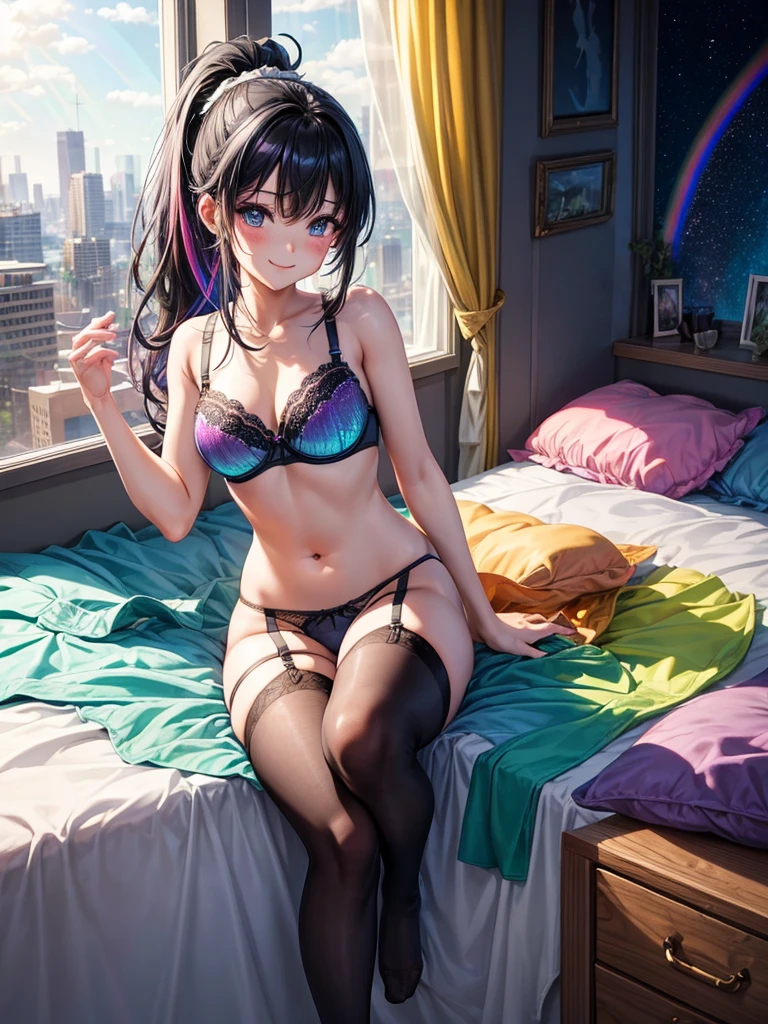 Highest quality,Highest Resolution,４K quality,Underwear looking at city night view outside large window in modern bedroom((Rainbow Gradient色))のsmileの１Profile of a woman,((Black hair ponytail)),Dark room,Rainbow Gradientセクシーランジェリー,Many water drops on the window,garter belt,High leg,((Iridescent underwear))Knee-high stockings,smile,Landscape,Colorful eyeballs,Small bra{((Underwear color))Rainbow Gradient,