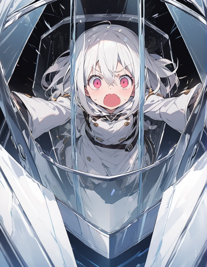 A white-haired girl screams inside the glass cockpit of a giant weapon.