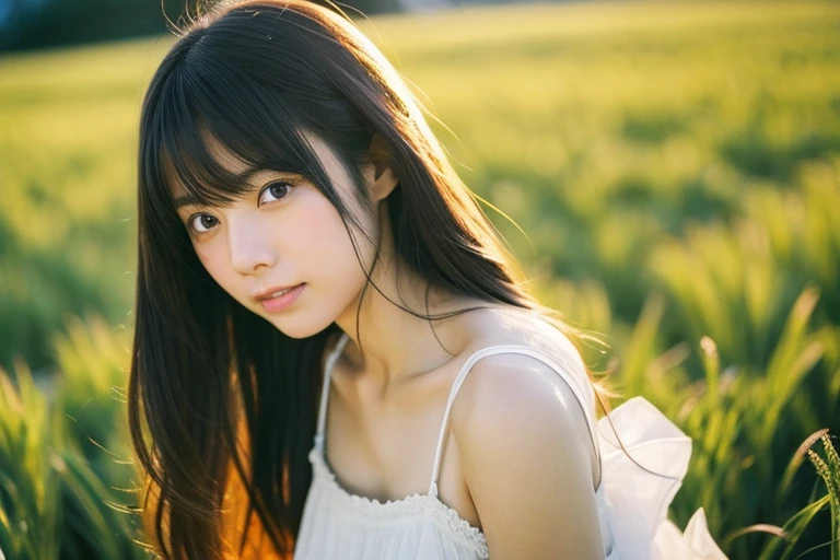  Japanese beautiful girl, Embarrassed look, figure, (Highest quality, Super detailed), front、Gentle lighting, Flowing Hair,one piece、 Delicate features, Dreamy atmosphere、Analog Film Photography、20-year-old、80'、サイバーパンクWindローファイアニメーション、Wind, sunset, Wheat field,