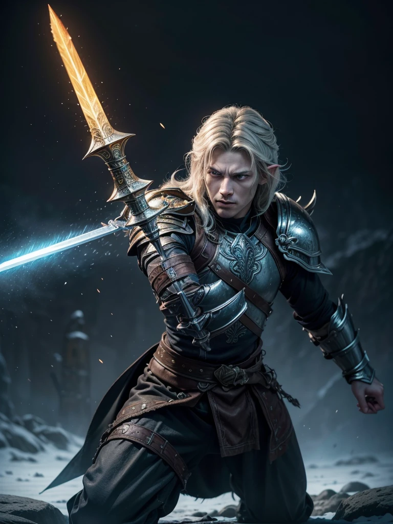 The warrior is an imposing and powerful figure, dressed in shining armor decorated with elven motifs. He wields a magical sword with a vibrant blade, adorned with runes that glow with blue energy. With a determined stance and marked by scars from past battles, he inspires confidence and respect. In combat, he uses his sword masterfully, delivering precise and powerful blows enhanced by enchantments that launch flames, blasts of ice and heal injuries. Outside of battle, he is known for his honor and loyalty, leading by example and being a tireless protector of his kingdom and friends.