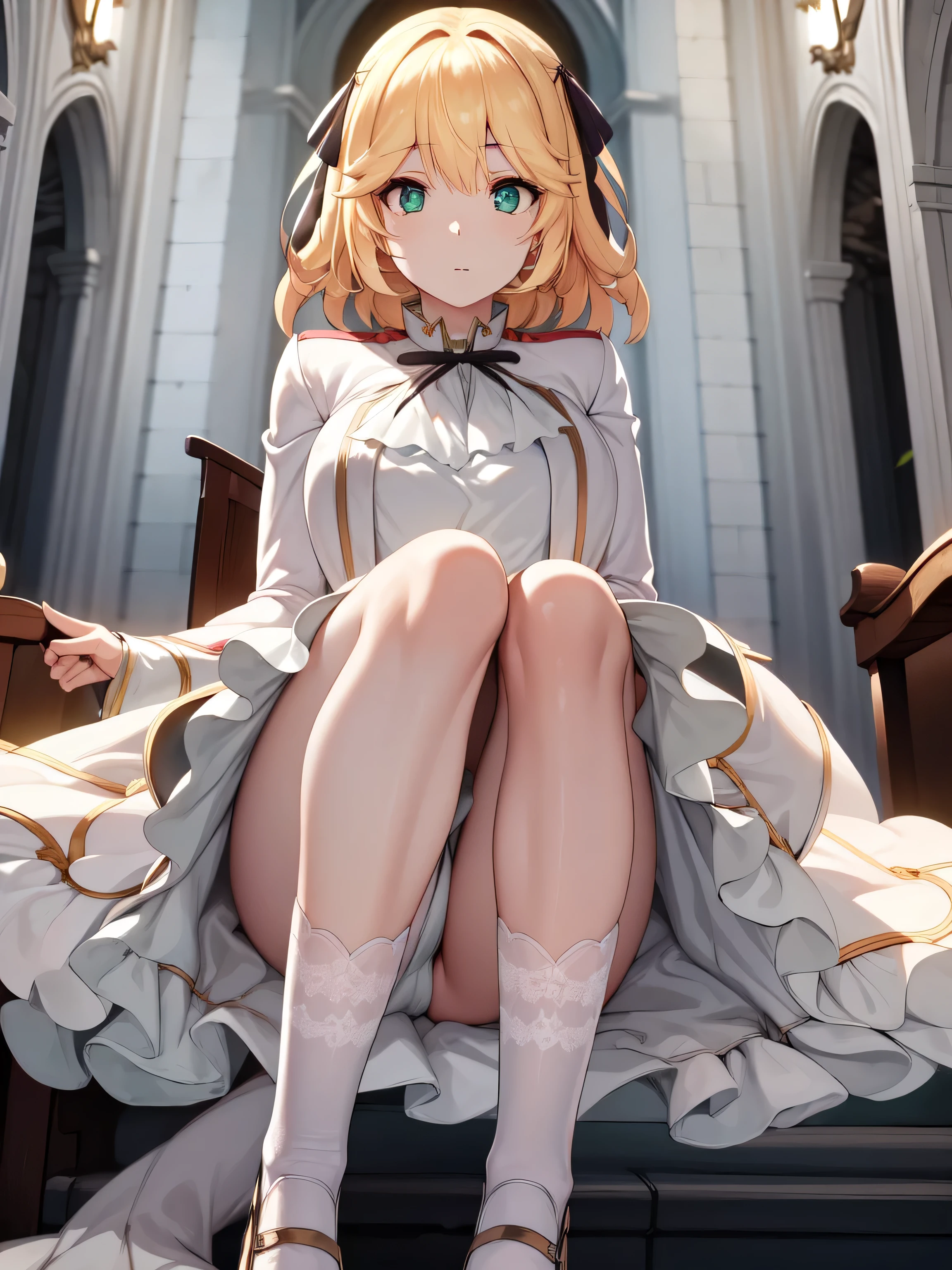 A girl，Long hair, bangs, Blonde hair, Hair between the eyes, s eyes:（1.5),  (Large :1.2), 
rest clavicle, Wedding dress，Veil，wedding，White Dress，Flowers，The skirt is broken，White socks，Tights，White knee socks，
Looking at the audience, whole body,
indoors, church，permanent，permanent，
rest (masterpiece:1.2), best quality, high resolution, Unity 8K wallpaper, (illustration:0.8), (Beautiful and delicate eyes:1.6), Extremely detailed face, Perfect lighting, Extremely detailed CG, (Perfect hands, Perfect anatomical structure),