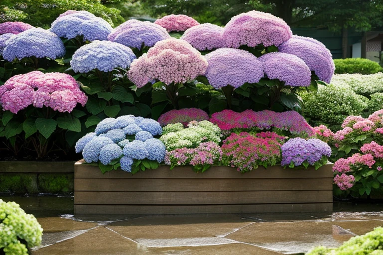 heavy rain:1.4、Shrine grounds、Blooming colors々Flowerbed of colorful hydrangeas、