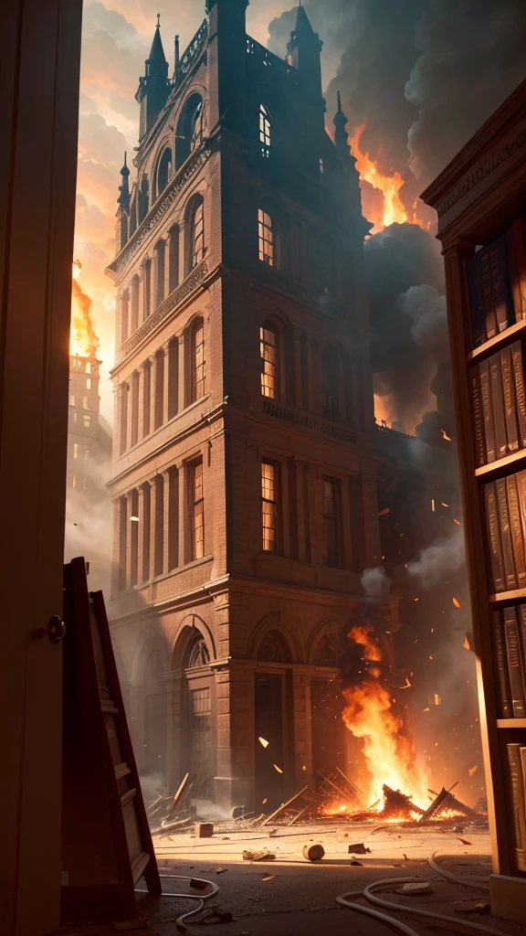 Show a scene where a fire breaks out in the library, causing panic among the townspeople.
[Voiceover]: "One day, a fire broke out in the library, putting many lives at risk."