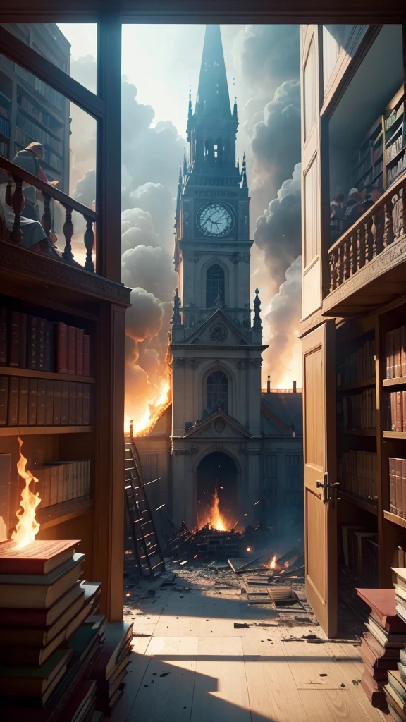 Show a scene where a fire breaks out in the library, causing panic among the townspeople.
[Voiceover]: "One day, a fire broke out in the library, putting many lives at risk."