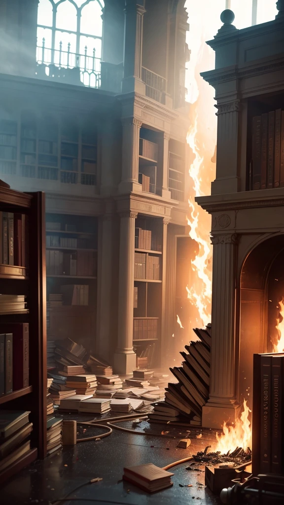 Show a scene where a fire breaks out in the library, causing panic among the townspeople.
[Voiceover]: "One day, a fire broke out in the library, putting many lives at risk."