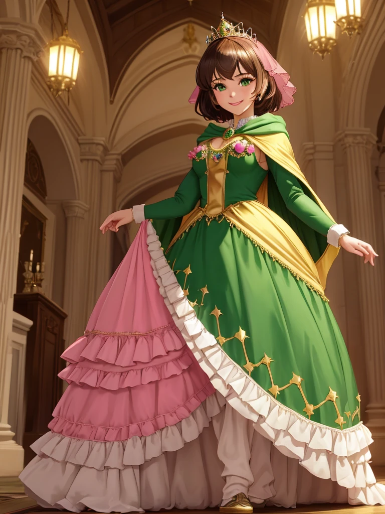 masterpiece, best quality:1.2), 1girl, smile, looking at viewer, green eyes, short brown hair, princess, princess dress, wearing puffy pink ballgown reaching the floor, green cloak cape, golden tiara with veil, standing in ballroom of medieval castle