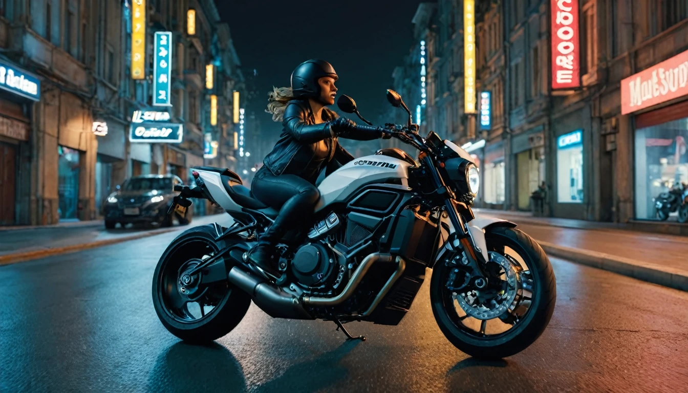score_9, score_8_up, score_7_up, source_photo, photography, photorealistic, detailed, rating safe, pov, very wide shot, Motorcycle runs the night city, rider is woman, masterpiece, best quality, 8k,