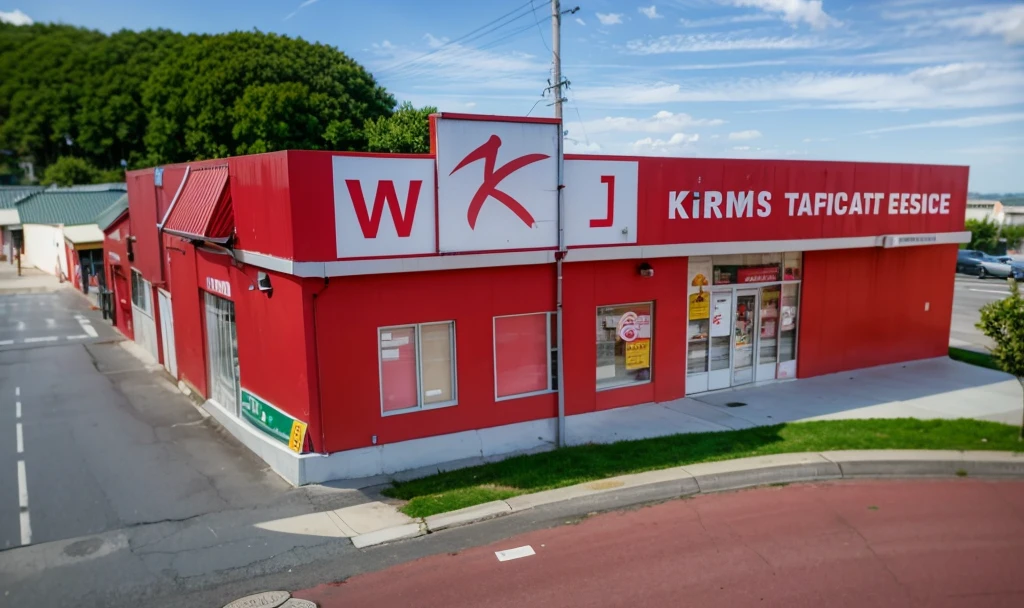 The image shows of a storefront with a red facade and a sign that reads "WK J". Above the entrance, there is another sign that says "PT. WILIS KURNIA JAYA RECORDS". The building has large windows with white frames and a flat roof. In front of the store, there are pink chairs arranged on what appears to be an outdoor seating area. There is also a lamp post visible to the left side of the entrance. The image does not contain any human figures or depict any actions. Realistic, 4k