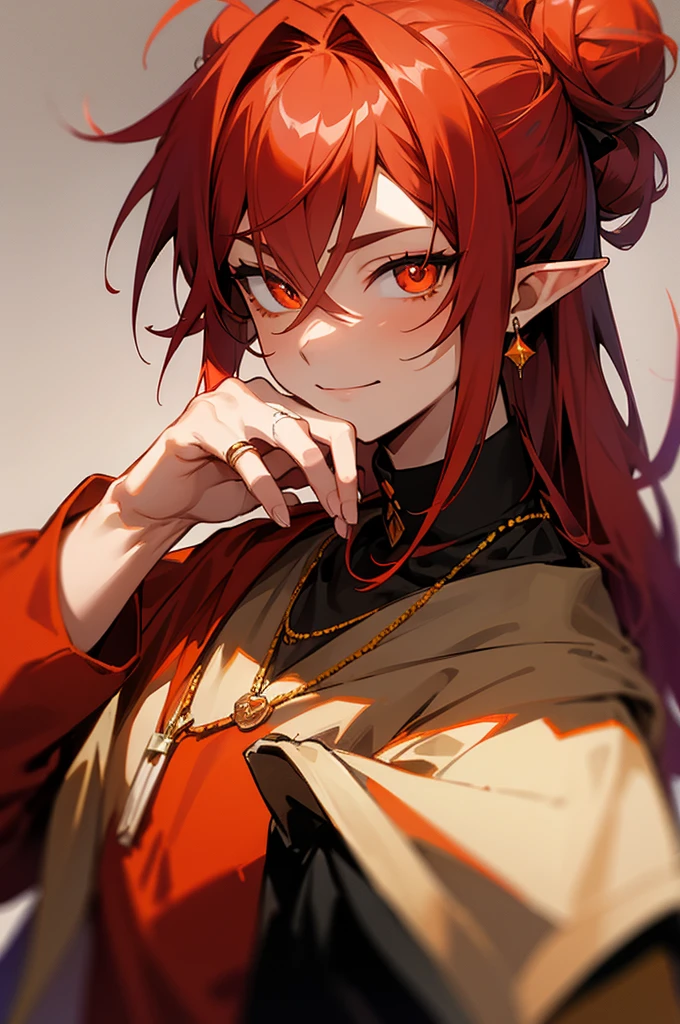 masterpiece, ssambatea, 1boy, solo,long hair, looking at viewer, smile, simple background, hair between eyes, jewelry, closed mouth, upper body, flower, red hair, horns, pointy ears, hand up, necklace, orange eyes, gradient, gradient background, dark red clothing, ring, fire, bright pupils, hair tied in a bun