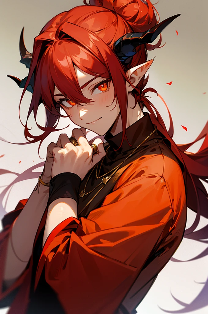 masterpiece, ssambatea, 1boy, solo,long hair, looking at viewer, smile, simple background, hair between eyes, jewelry, closed mouth, upper body, flower, red hair, horns, pointy ears, hand up, necklace, orange eyes, gradient, gradient background, dark red clothing, ring, fire, bright pupils, hair tied in a bun