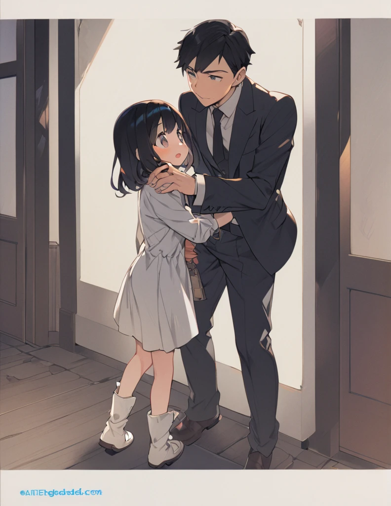 A man in black holding a girl