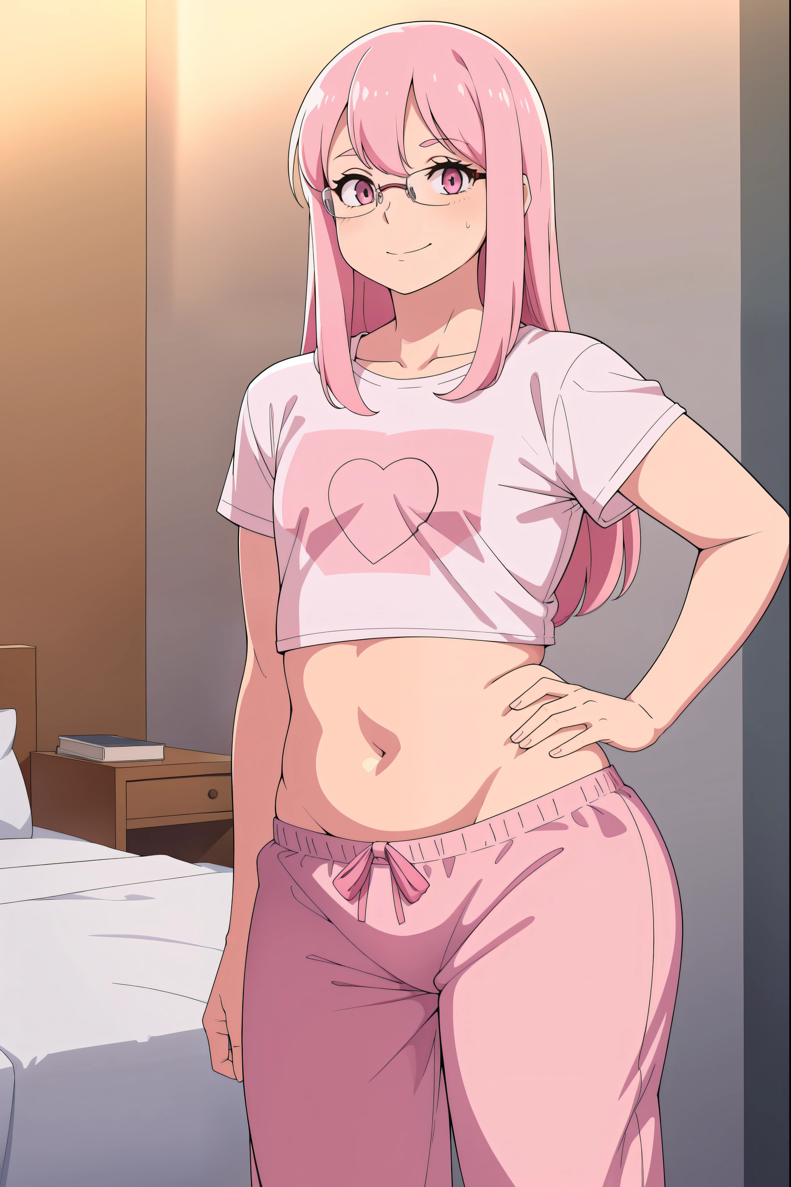 (Flat chest:1.1), very small boobs, solo, 1girl, glasses, long fluffy pink hair, skinny, white t-shirt, pink fluffy sweatpants, slight smile, crop top, pajamas, navel exposed, pajama pants, half lid eyes, seductive