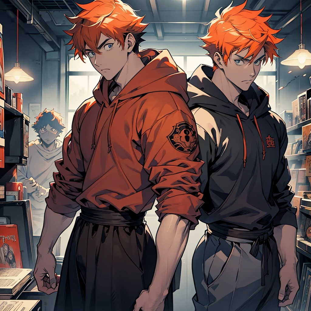 only one man in a gray hoodie, orange - haired anime boy, kentaro miura manga art style, kentaro miura art style, handsome guy in demon slayer art, kentaro miura manga style, kentaro miura art, kentaro miura style, tall anime guy with blue eyes, archie andrews