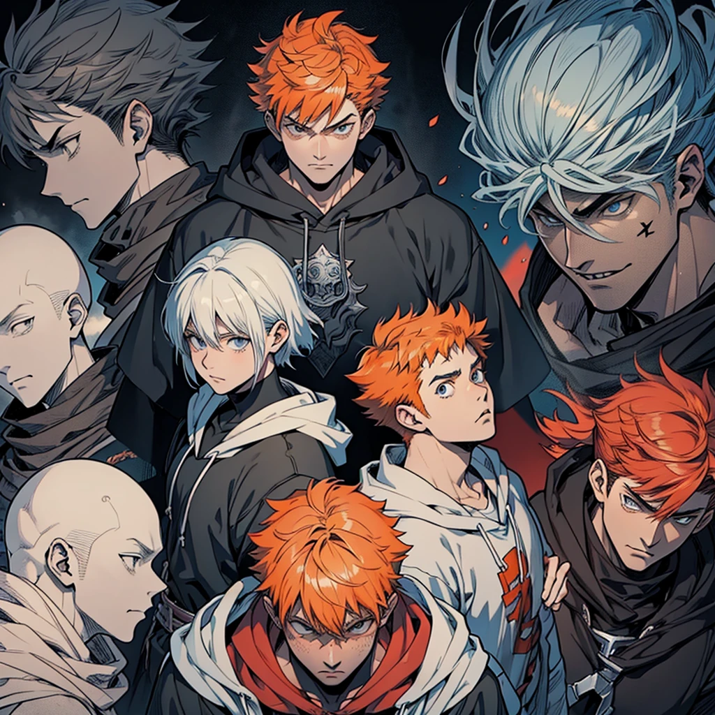 only one man in a gray hoodie, orange - haired anime boy, kentaro miura manga art style, kentaro miura art style, handsome guy in demon slayer art, kentaro miura manga style, kentaro miura art, kentaro miura style, tall anime guy with blue eyes, archie andrews