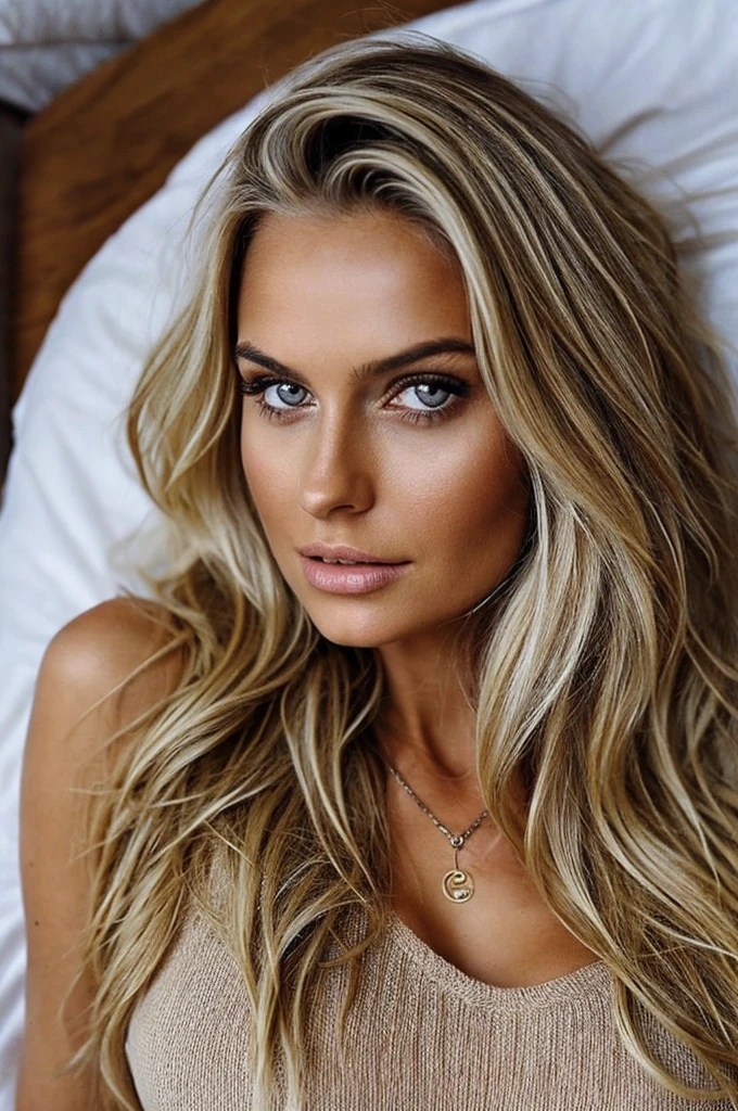 1 girl in, european instagram influencer, in bed, Hot cleavage, Very long hair, Colossal , Looking at the viewer, blonde hair, bare shoulders, Brown eyes, jewelry, draw up, whole body, necklace, off the shoulders, Sweaters, realistic, Sexy and popular beauty style of 2023