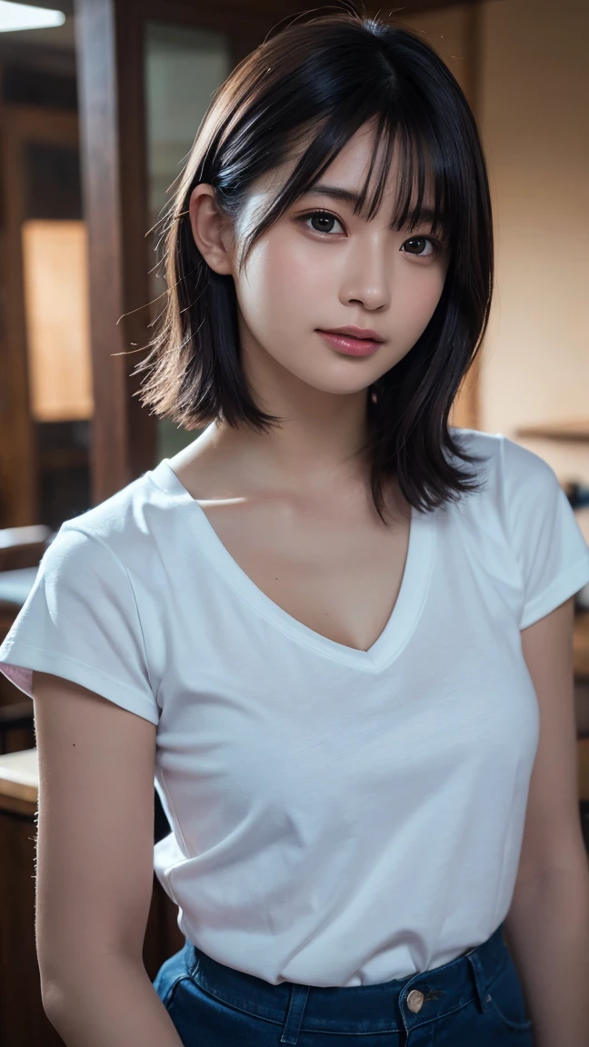 Highest quality, masterpiece, Ultra-high resolution, (Realistic:1.3), RAW Photos,  (One Girl), (Upper Body), (20-year-old), (smile:0.9), (Shiny skin), (short hair, Dark brown hair), (White T-shirt), (Casual shorts), (Ultra detailed face),  (Highly detailed eyes), (Highly detailed nose), (Highly detailed mouth), (Very skilled hands), (Super-detailed body), Sony a7, 85mm lens, f9.0, Pan focus information