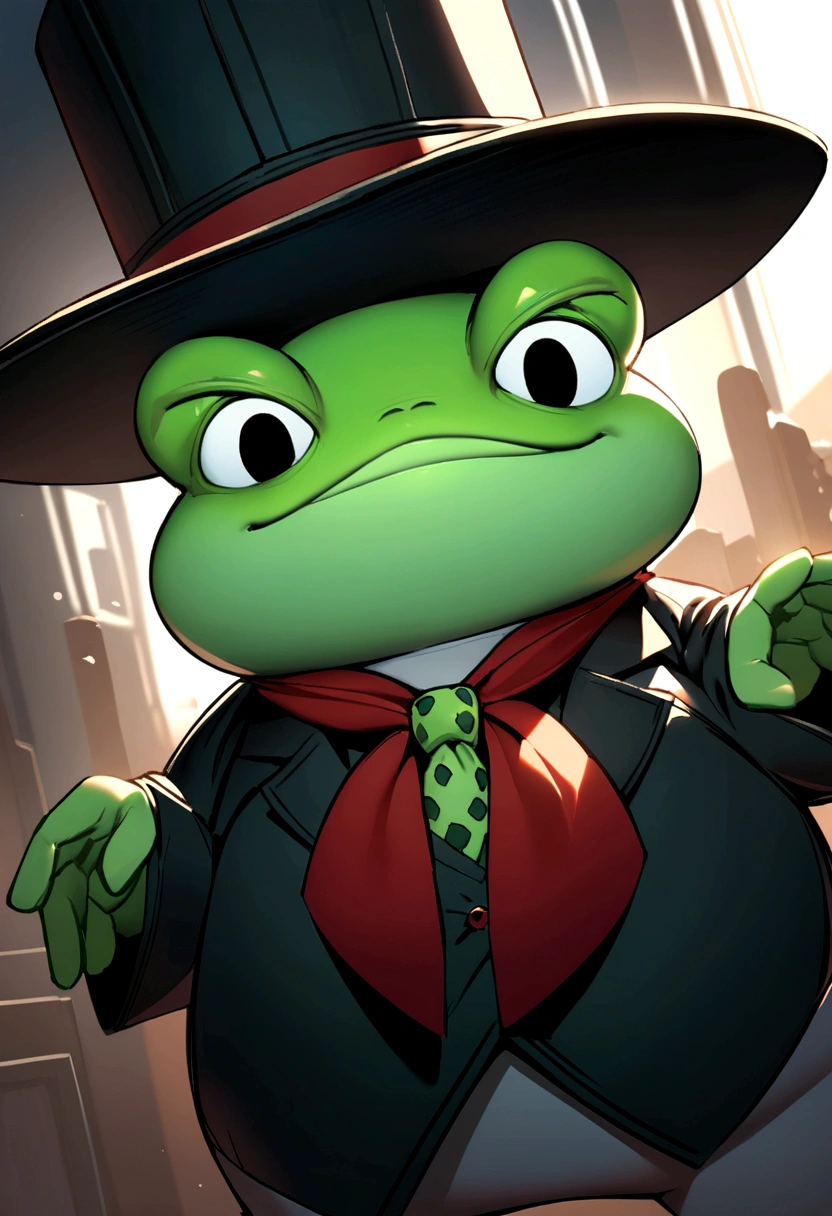 A tall, cute, slightly chubby green-white frog that walks on two legs, has black eyes, a black cowboy hat, a green hat tie, a red bow tie, and a sinister smile.
