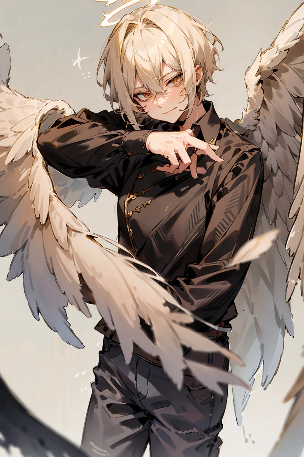 1male, Adult, Two Tone Hair, Blonde and White Hair, Short Hair, Undercut Hair, Black and White Horns, Angel Halo, Black Wings, Golden Eyes, Smirk, Black and White Flannel Shirt, Black Ripped Jeans
