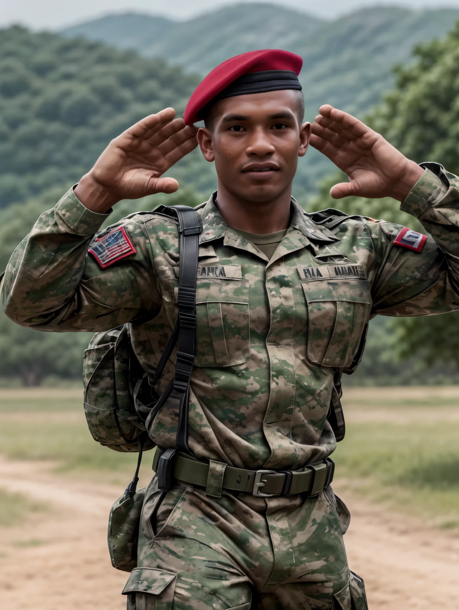 ultra realistic, unreal engine 5, blurry background, bokeh, anatomically correct, detailed eyes, detailed face, black eyes, male focus, solo, wadosanusi, very dark skin, dark-skinned male, muscular, bara, soldier, military, uniform, red beret, ((camouflage shirt)), smirk, field, salute,