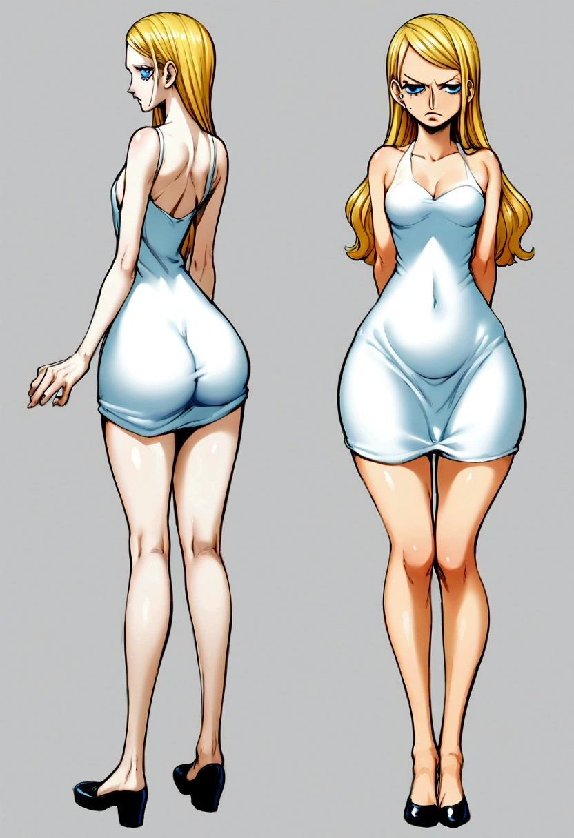 Style manga one piece,wide,blue eyes, 15 year old man,full body front side and back,pale skin,knee length blonde hair,slanted blue eyes with long eyelashes,full body front side and back,with a mole under the eye and another on the lip,small waist,curvy body,clothes white dress