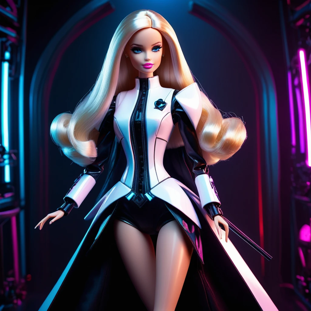 (full body:1.9) (style:1.5), gothic cyber clothes, holding a futuristic staff, a white (woman 25 years old:1.3), (Barbie doll:1.9), character splash art, dark princess, gothic cyber art design, eboy, dark tech, cwc dark tech, cwc (one person in the frame:1.9), 3d style, ((best quality)), ((masterpiece)), detailed soft oil painting, detailed background, dramatic cinematic lighting, soft edge lighting, professional, dramatic lighting, hard edge lighting, ultra quality, 4k, (masteriece, best quality, 8k, ultra highres, highres:1.4), extremely detailed