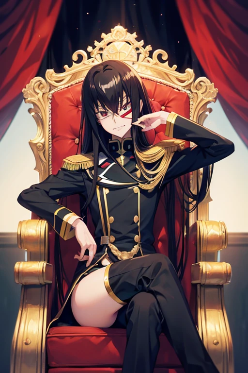 Cat spelling,male,Black Hair,Eye patch,military cap,Personification,Chuunibyou,cool,Sit on a throne,Smile wickedly,((Code Geass Style)) ,