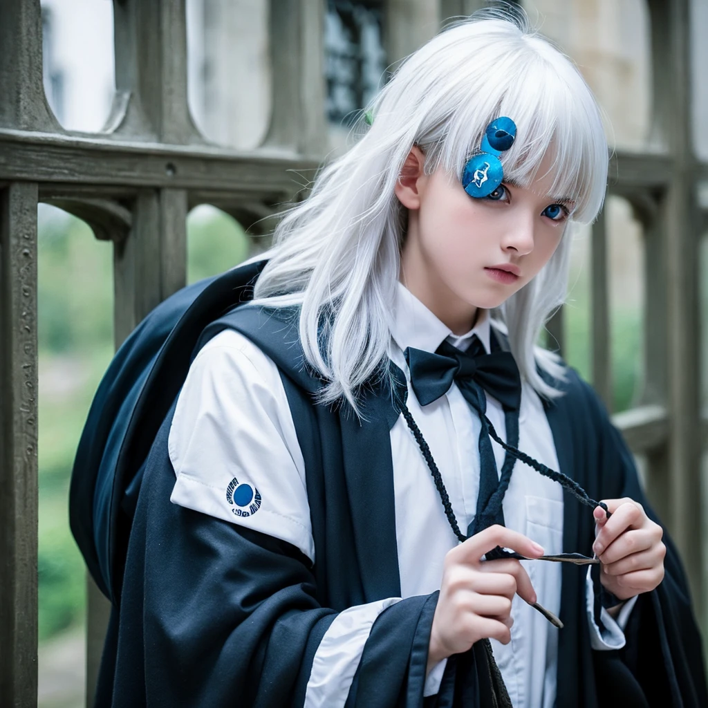 Boy White hair Blue eye Hogwarts black uniform Hogwarts school